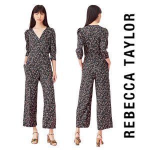 Rebecca Taylor Lia Floral Silk Twill Black Floral Wide Leg Jumpsuit | Size 6